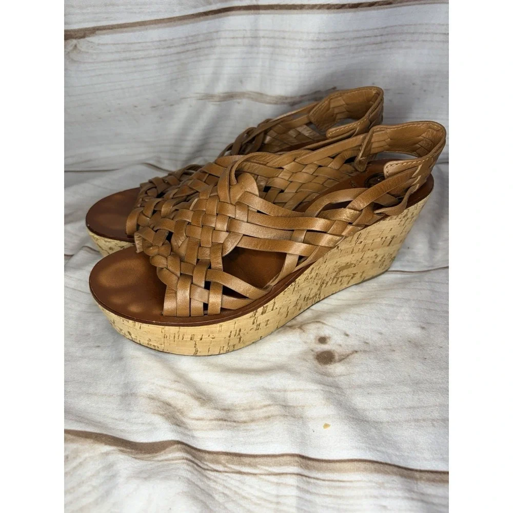 Tory Burch Tan Woven Leather Cork Platform Wedge Sandals Huarache Size 8.5M